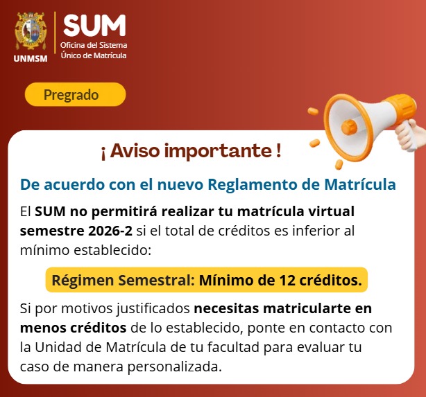 Aviso importante: la matrícula virtual del semestre 2026-2 requiere un mínimo de 12 créditos